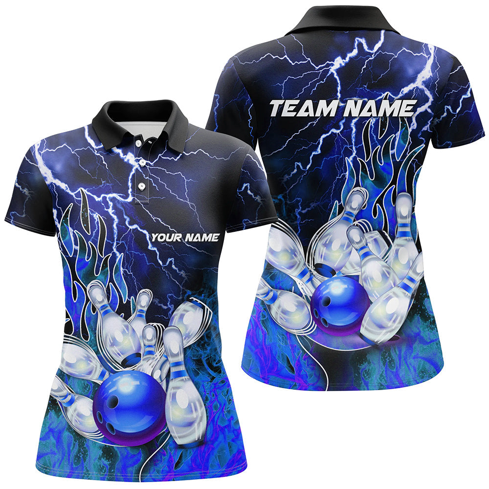 Women Bowling Polo Shirts Custom blue lightning thunder Bowling Team Jersey, gift for team Bowlers NQS7078