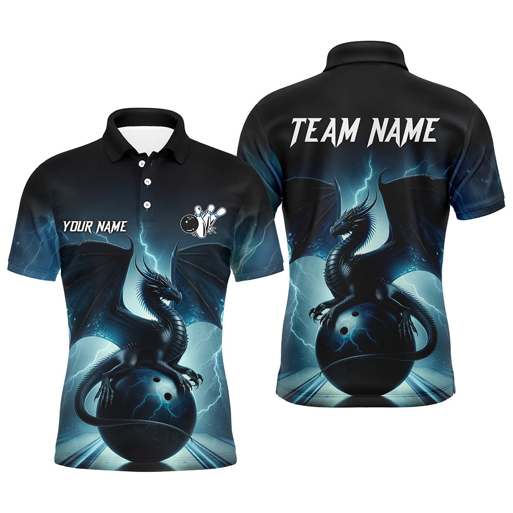 Dark Blue Lightning Thunder Custom Dragon Mens Bowling polo shirts, Team Bowling League Jerseys NQS7228