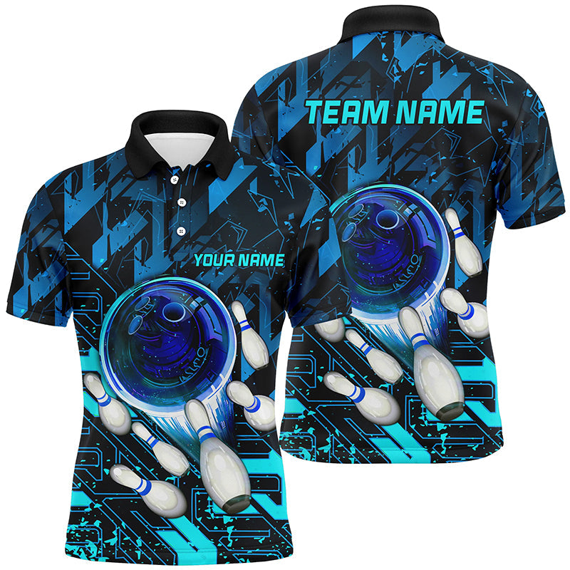 Mens Bowling polo shirts Custom blue abstract Bowling Team league Jerseys, bowling gifts for bowlers NQS7247
