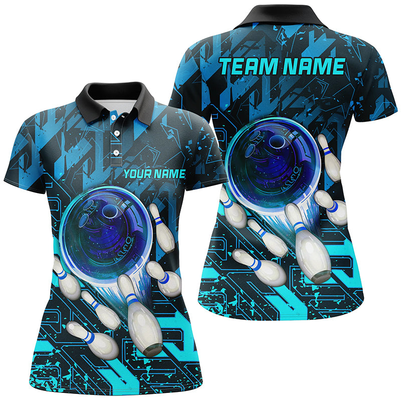 Women bowling polo shirts Custom blue abstract Bowling Team league Jerseys, gifts for bowlers NQS7247