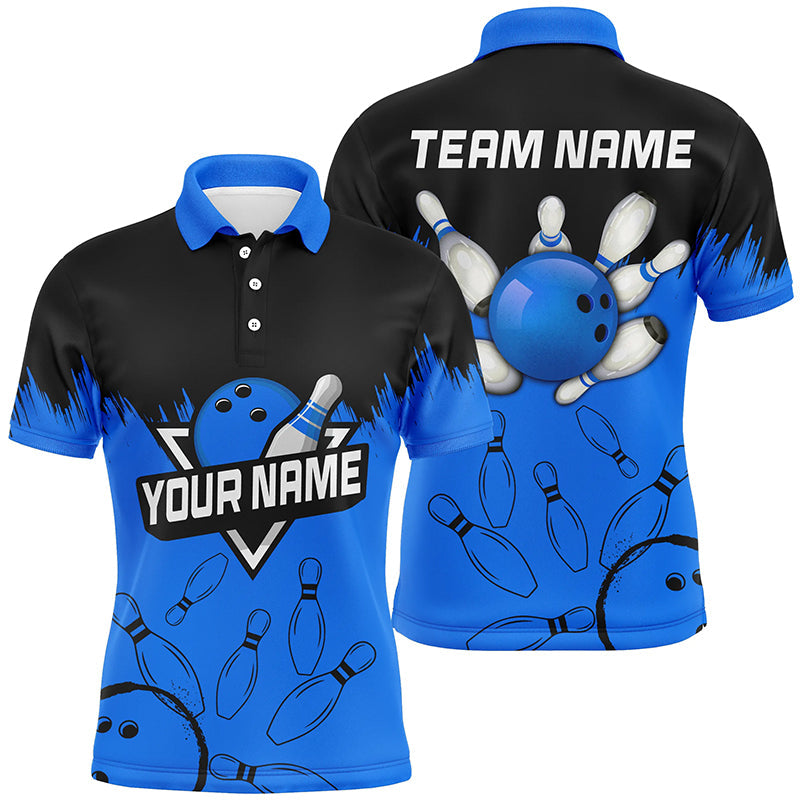 Mens Bowling polo shirts Custom black and blue Bowling Team league Jerseys, bowling gifts for bowlers NQS7248