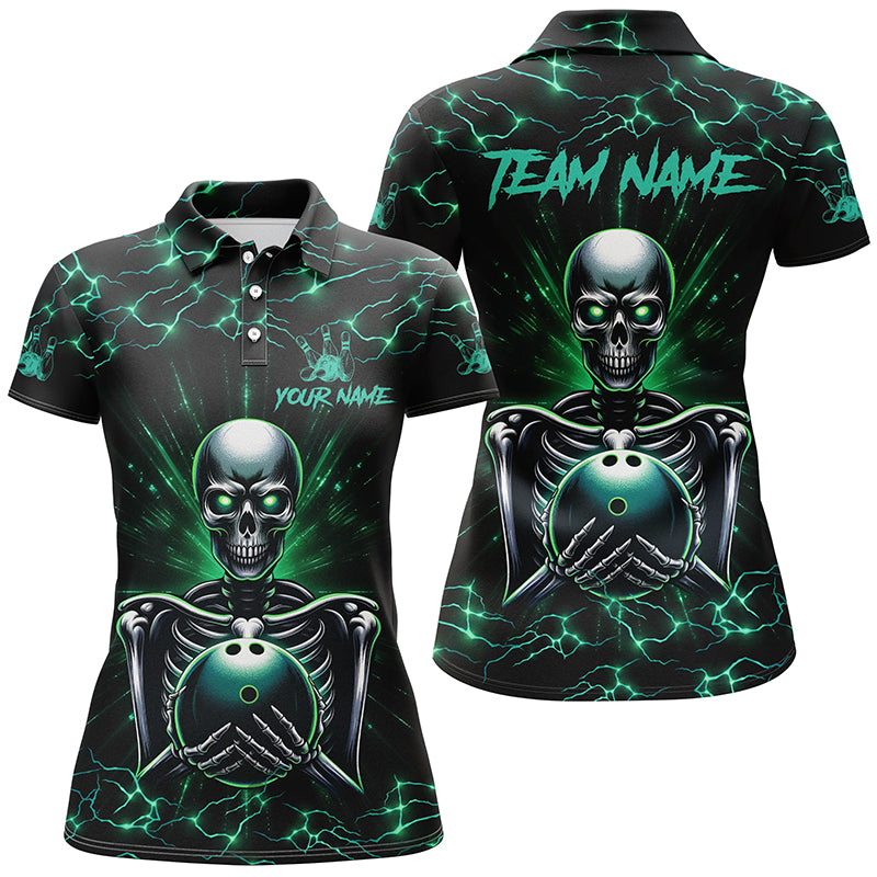 Green skull lightning bowling polo shirts for women Custom Team bowling jerseys, gift for bowlers NQS7304