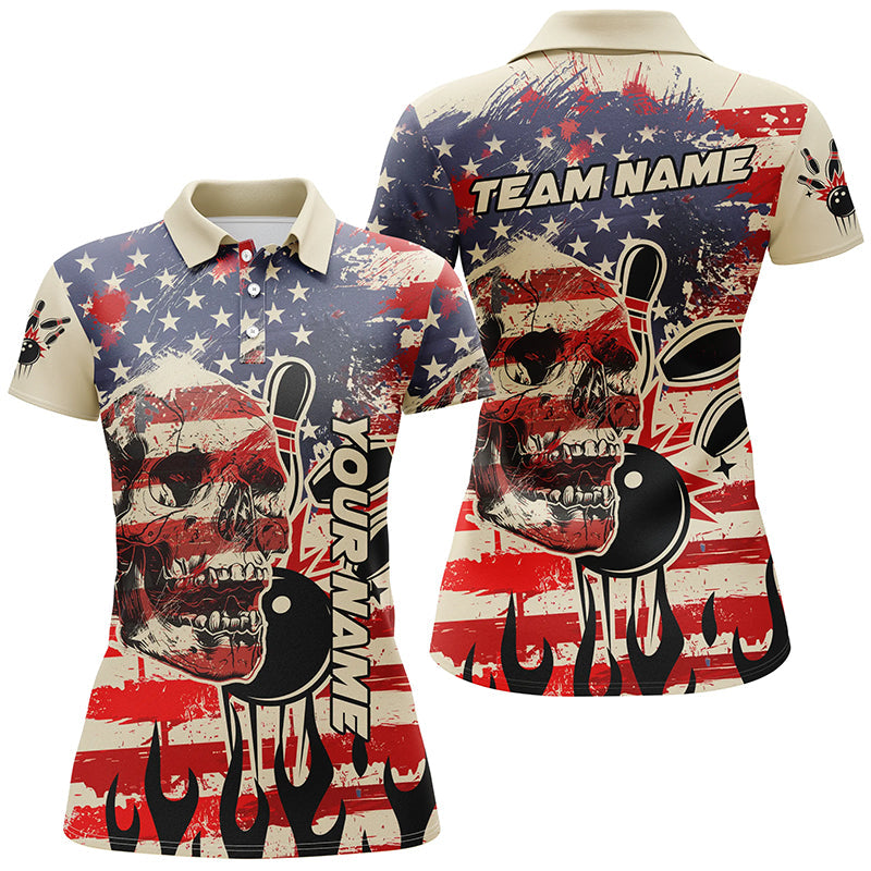 American flag skull bowling polo shirts for women Custom Team ladies bowling jerseys, gift for bowlers NQS7305