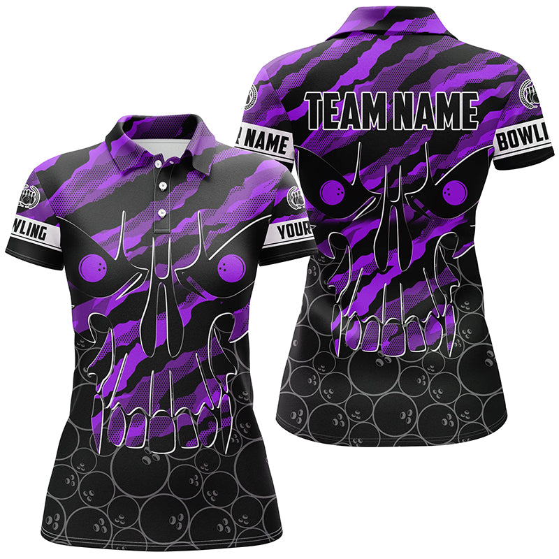 Personalized Skull Bowling polo Shirt for women Custom Team's Name Purple camo Bowler Jerseys NQS7322