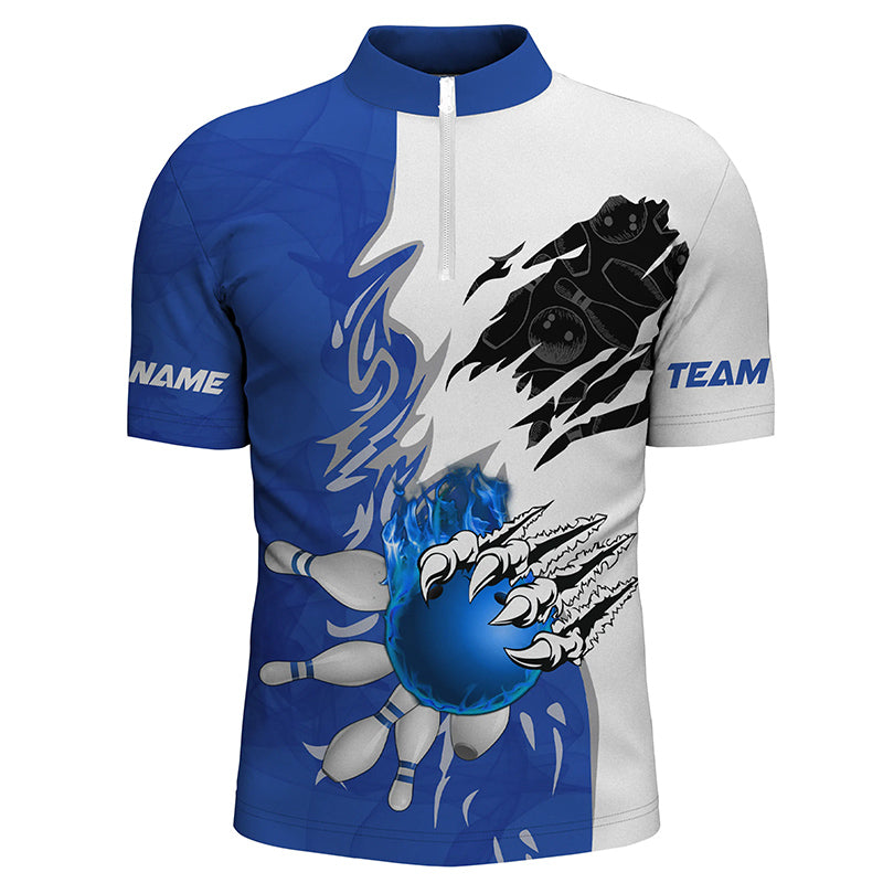 White Bowling Quarter Zip Shirt for men Custom bowling ball pins Jerseys flame bowling shirt | Blue NQS6460