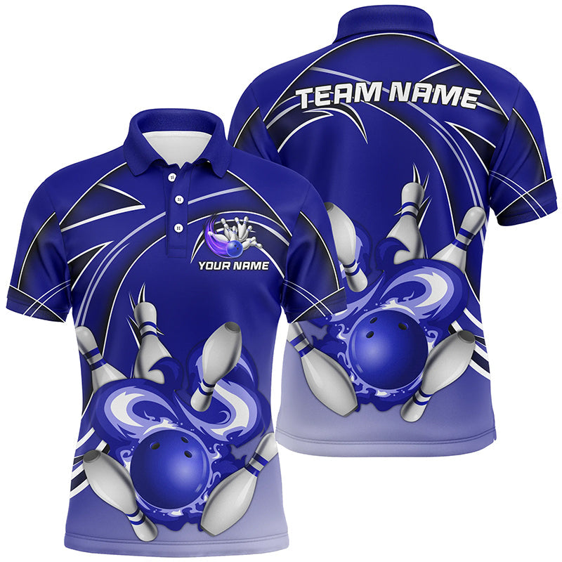 Men Bowling Polo Shirt Custom Bowling ball and pins Team league Jerseys, gifts for bowlers | Blue NQS7073