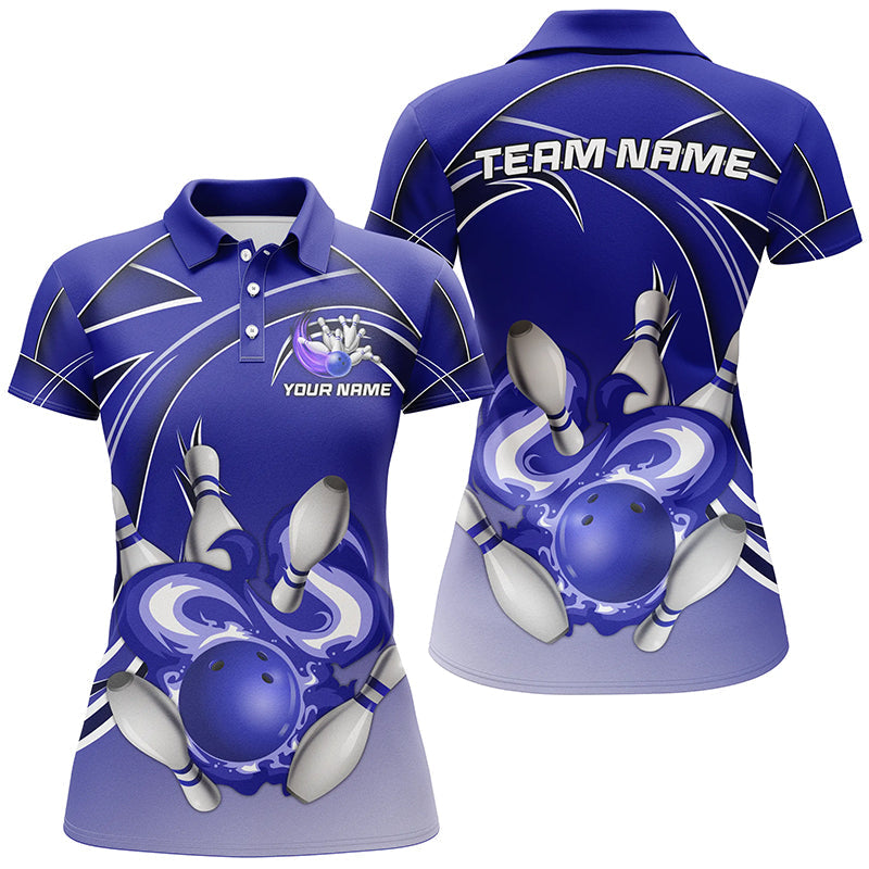 Women Bowling Polo Shirts Custom Bowling ball and pins Team league Jerseys, gifts for bowlers | Blue NQS7073