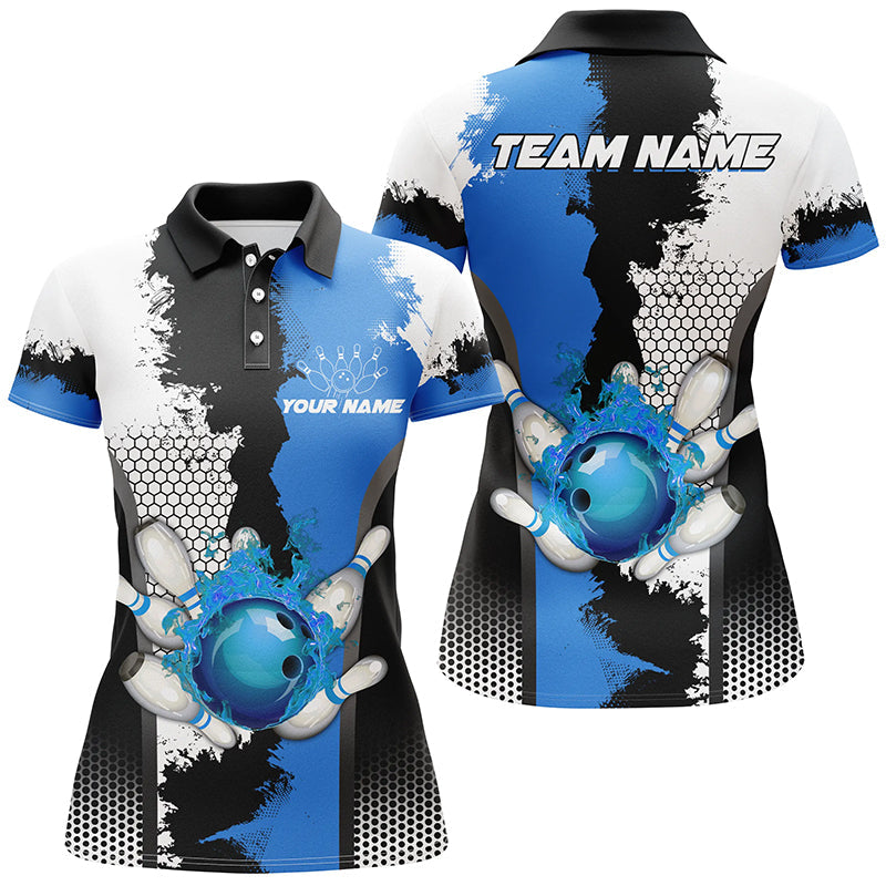 Black white bowling fire league jerseys custom Women Bowling Polo Shirts, gifts for bowler | Blue NQS7189