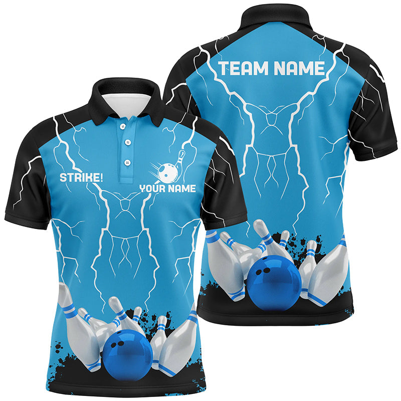 Mens polo bowling shirt Custom bowling strike lightning storm thunder team league jerseys | Blue NQS7084