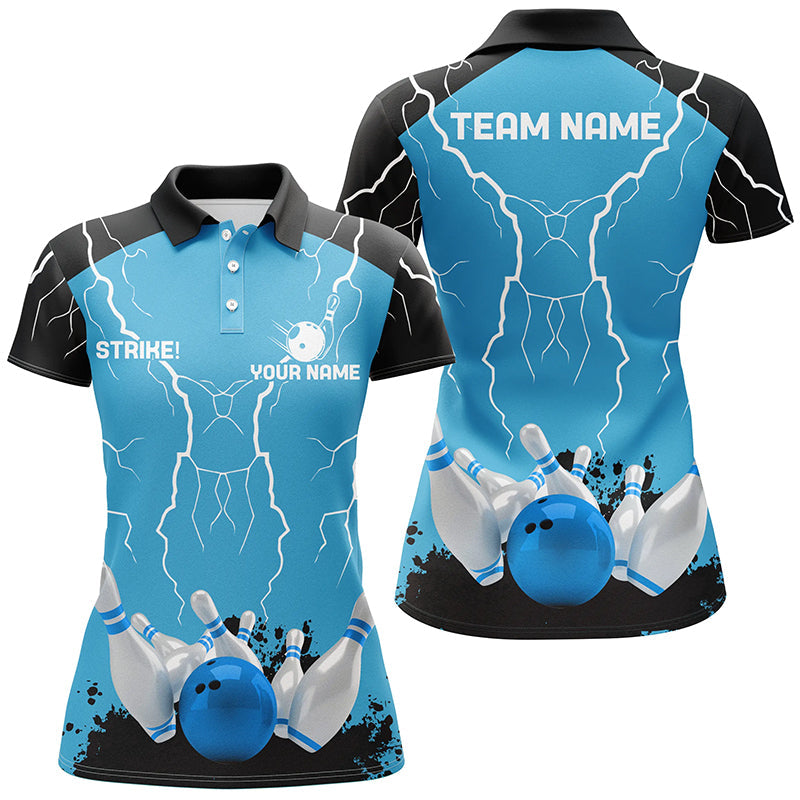 Women bowling polo shirt Custom bowling strike lightning storm thunder team league jerseys | Blue NQS7084