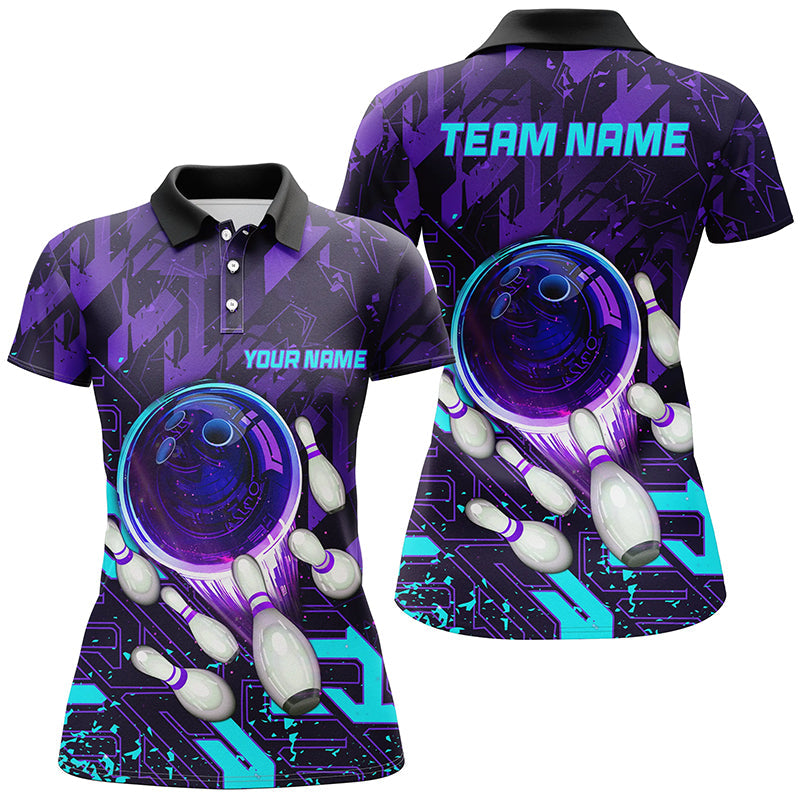 Women bowling polo shirts Custom purple blue abstract Bowling Team league Jerseys, bowling gifts NQS7096