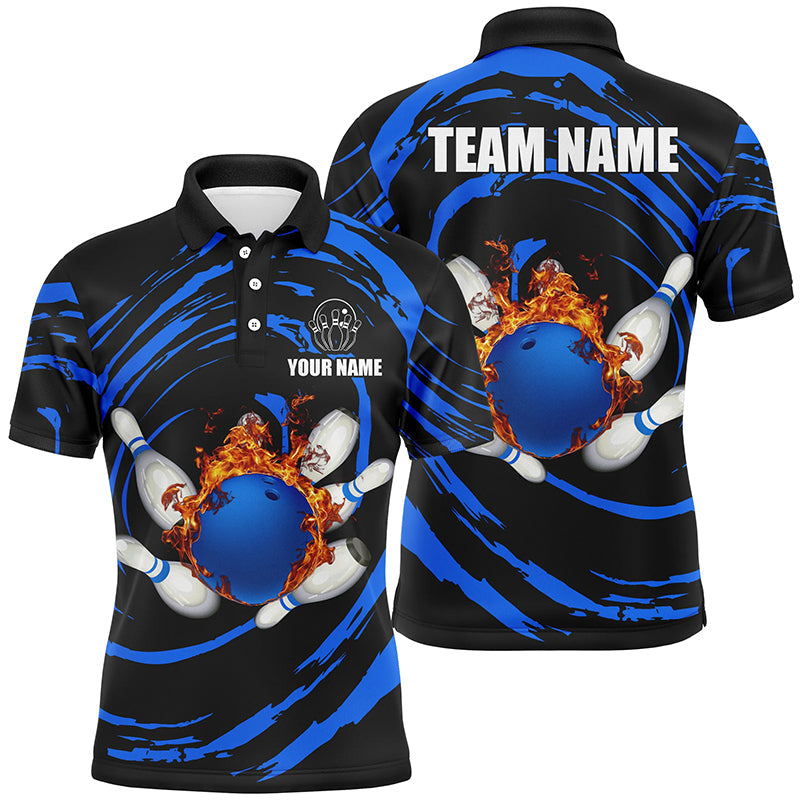 Blue flame bowling ball and pins Mens Bowling polo shirts Custom Team bowling jerseys for men NQS7235