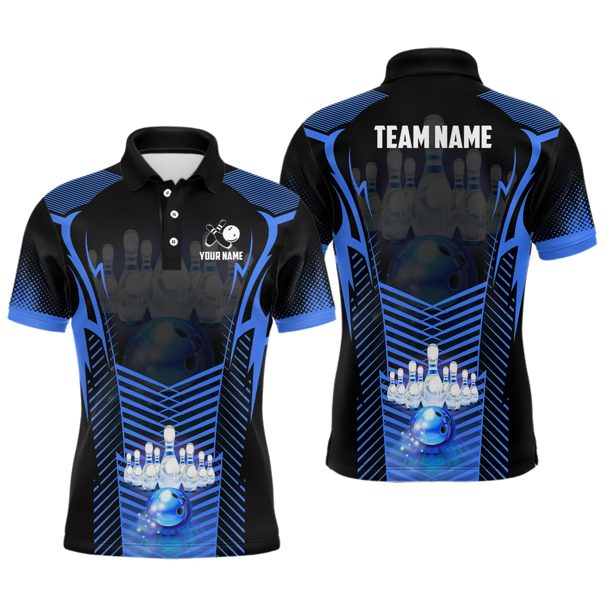 Men Bowling Polo Shirt Custom Bowling ball and pins Team league Jerseys, gifts for bowlers | Blue NQS7071