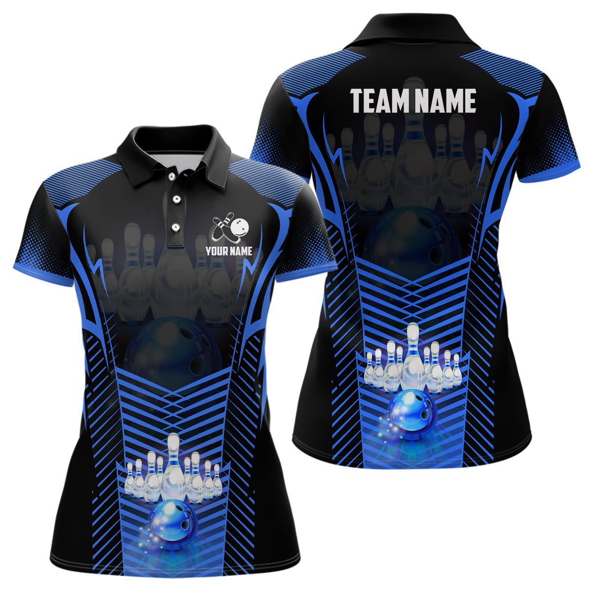 Women Bowling Polo Shirts Custom Bowling ball and pins Team league Jerseys, gifts for bowlers | Blue NQS7071
