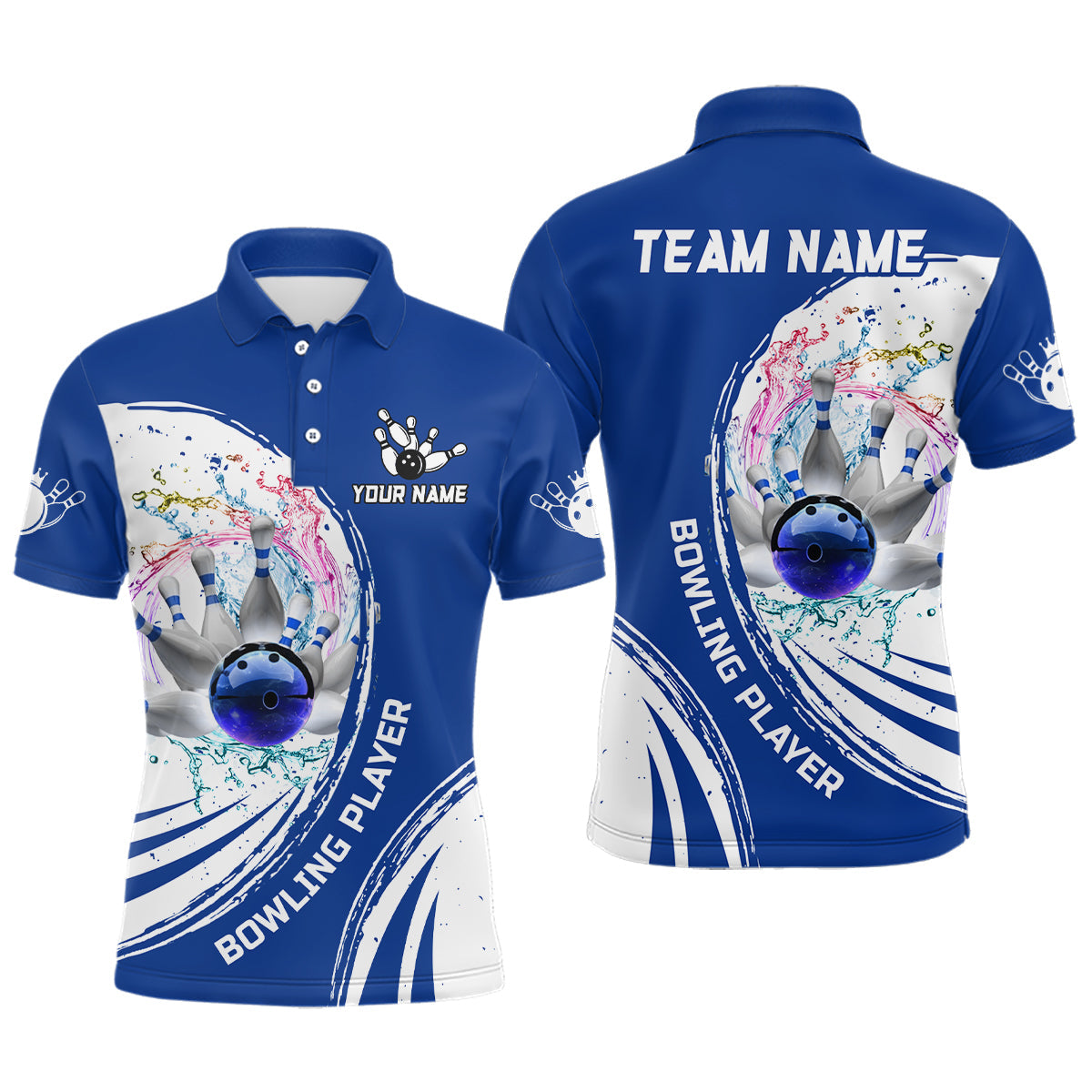 Men Bowling Polo Shirt Custom water bowling ball pins Bowling Team Jersey, gift for Bowlers | Blue NQS7194