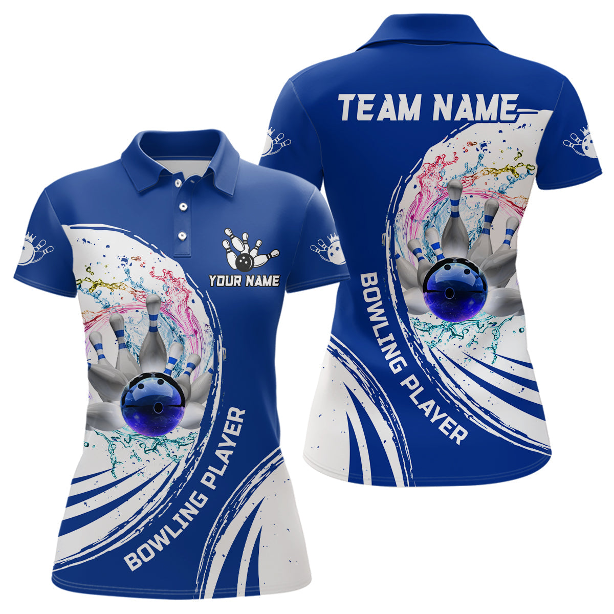 Women Bowling Polo Shirts Custom water bowling ball pins Bowling Team Jersey, gift for Bowlers | Blue NQS7194