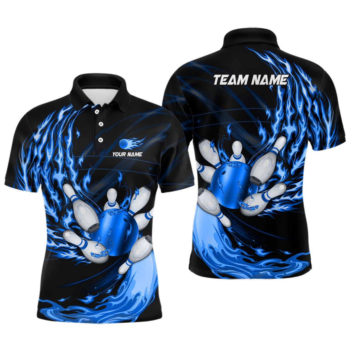 Mens polo bowling shirts Custom blue flame Bowling ball and pins Team league bowler Jerseys NQS6977