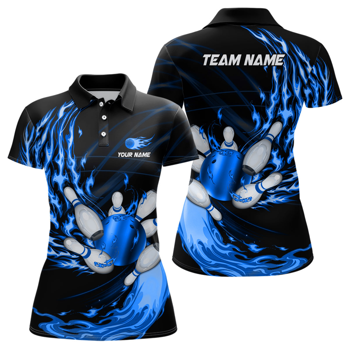 Womens bowling polo shirts Custom blue flame Bowling ball and pins Team league bowler Jerseys NQS6977