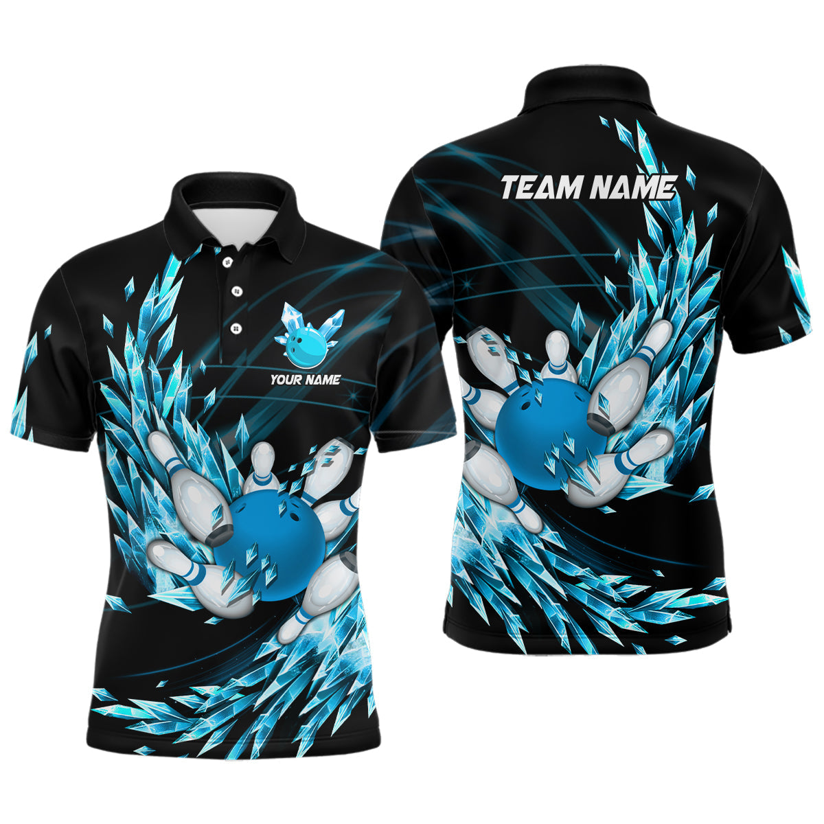 Mens polo bowling shirts Custom blue icy fragments Bowling ball pins Team league bowler Jersey NQS7124
