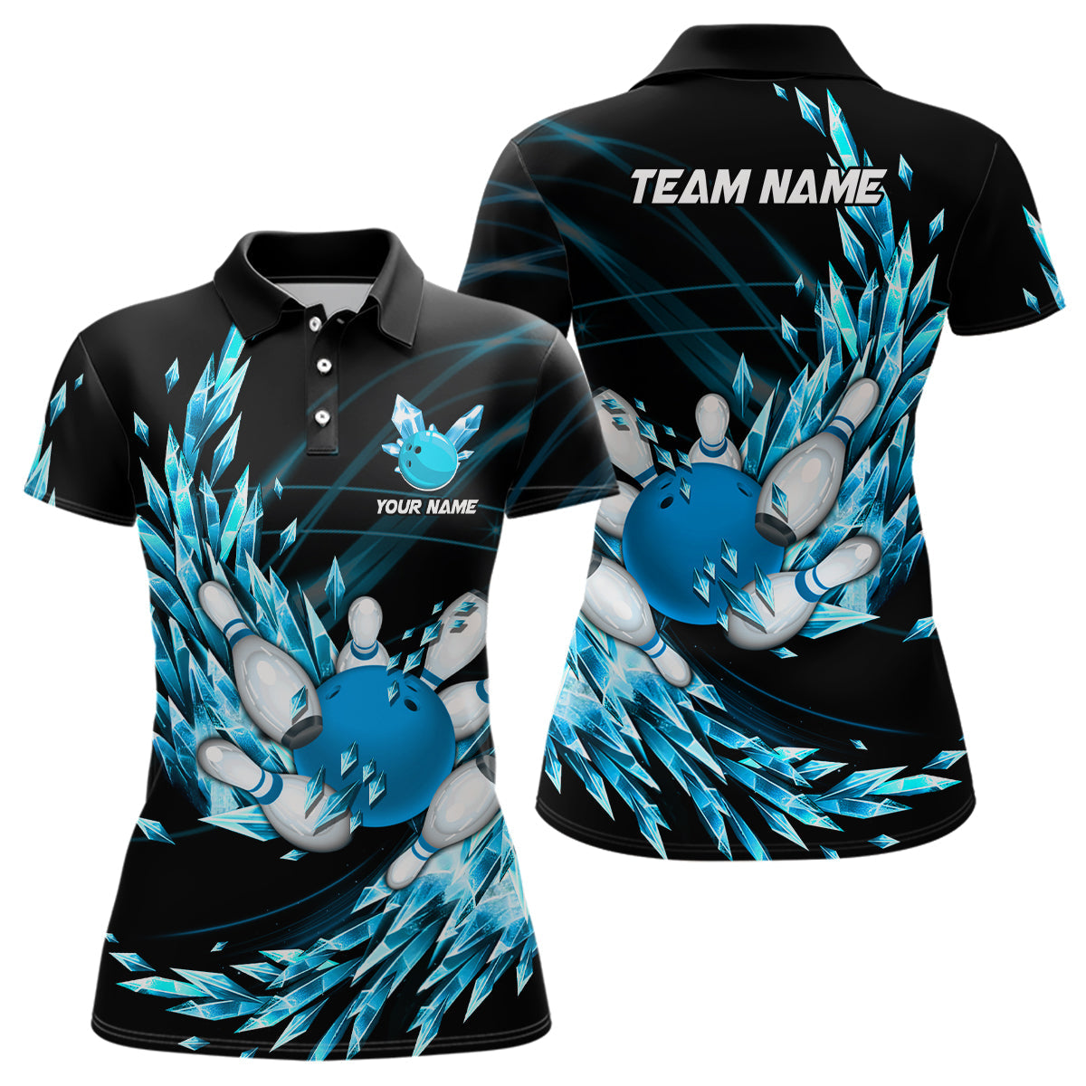 Womens bowling polo shirts Custom blue icy fragments Bowling ball pins Team league bowler Jersey NQS7124