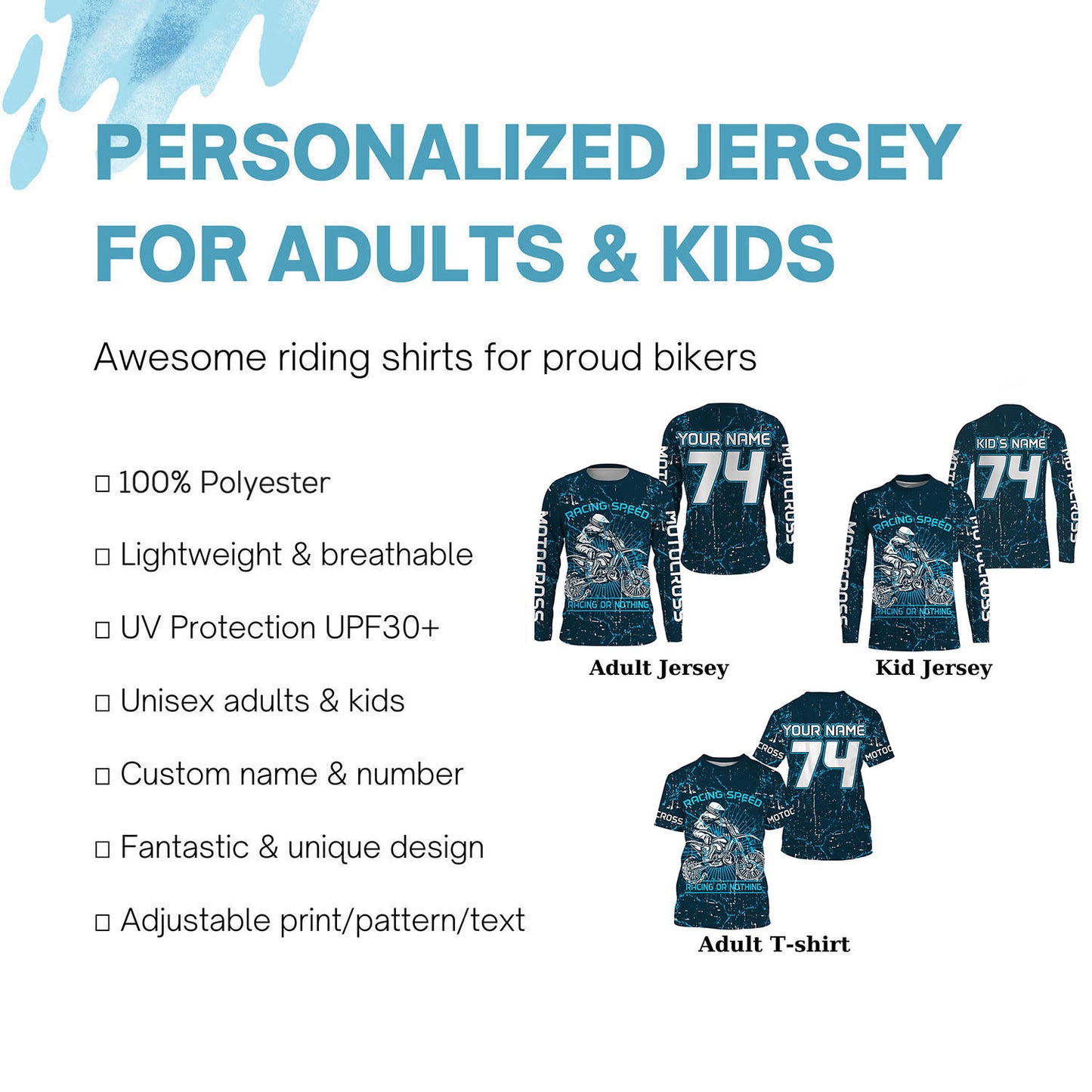 Blue dirt bike jersey men women youth custom UPF30+ Motocross racing or nothing off-road shirt PDT209