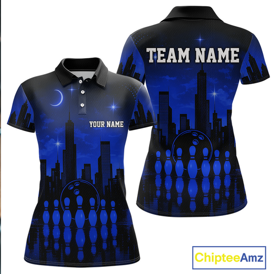 Blue Bowling Custom Women Bowling Shirt Polo & Quarter-Zip Bowling Team Jerseys HNT66