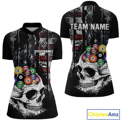 Personalized Skull US Flag Billiard Team Jersey Billiard Shirts for Women Polo & 1/4 Zip Shirts NNT42