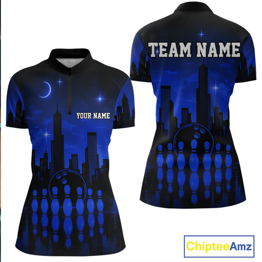 Blue Bowling Custom Women Bowling Shirt Polo & Quarter-Zip Bowling Team Jerseys HNT66