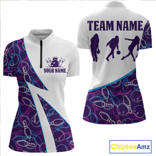 Blue Bowling Custom Women Bowling Shirt Polo & Quarter-Zip Bowling Team Jerseys HNT60
