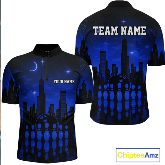 Blue Bowling Custom Men Bowling Shirt Polo & Quarter-Zip Bowling Team Jerseys HNT66