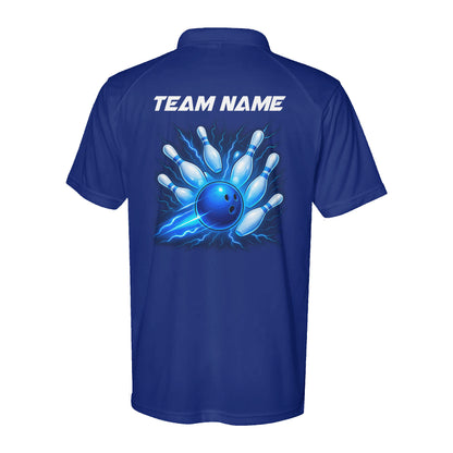 Blue Lightning Thunder Bowling ball and pins custom Team Bowling Performance Polo Shirts D02 NQS9918