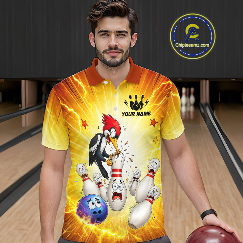 Man wearing a vibrant bowling-themed shirt with a woodpecker design in a bowling alley.