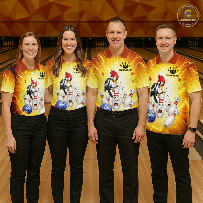 Four people wearing matching bowling-themed shirts in a bowling alley.
