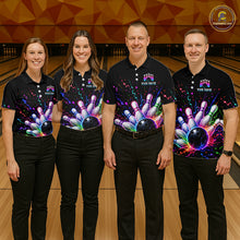 Load image into Gallery viewer, Four people wearing matching bowling-themed shirts in a bowling alley.