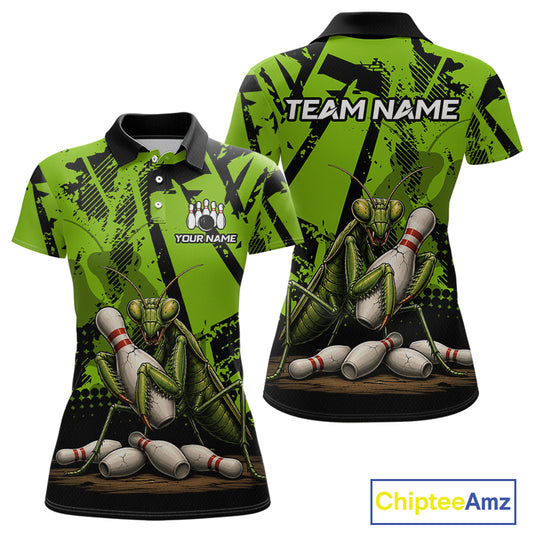 A custom short-sleeve polo shirt shown from both front and back, featuring a bright lime green and black background with a large praying mantis graphic sitting on bowling pins, plus placeholder text 'TEAM NAME' and 'YOUR NAME'.