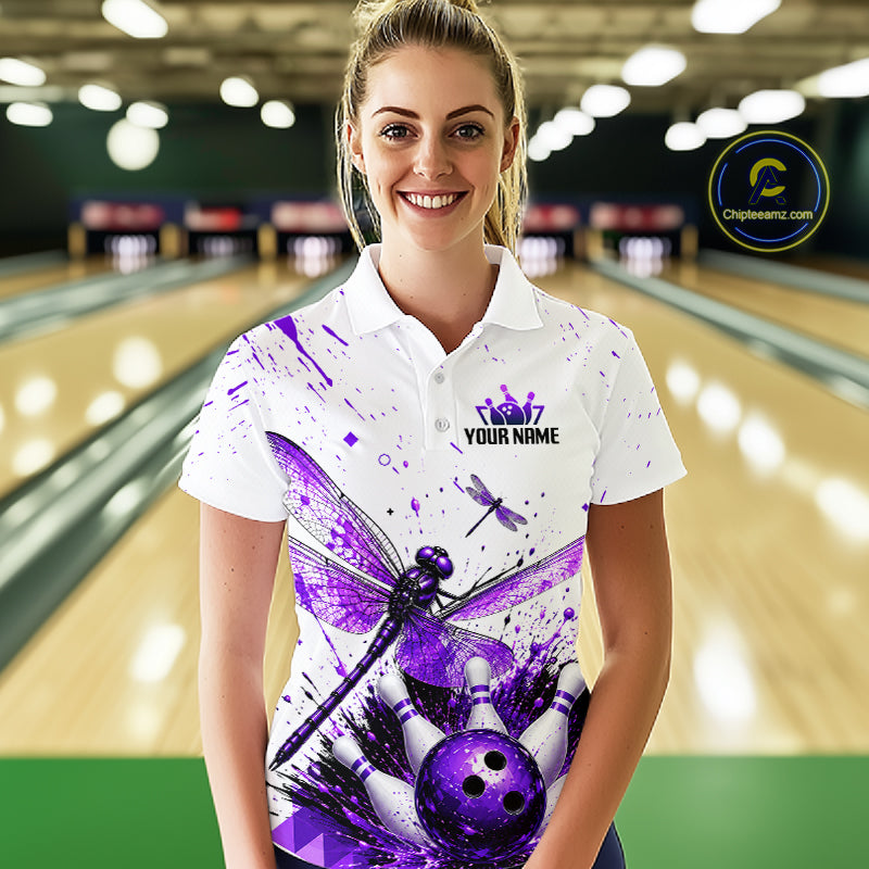Custom Purple and White Dragonfly Bowling Shirt for Women Bowling Team Jersey Bowling Outfit QZT1209