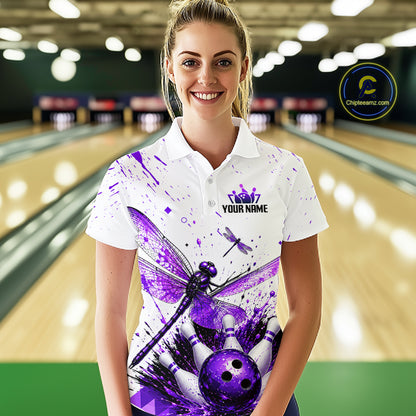Custom Purple and White Dragonfly Bowling Shirt for Women Bowling Team Jersey Bowling Outfit QZT1209