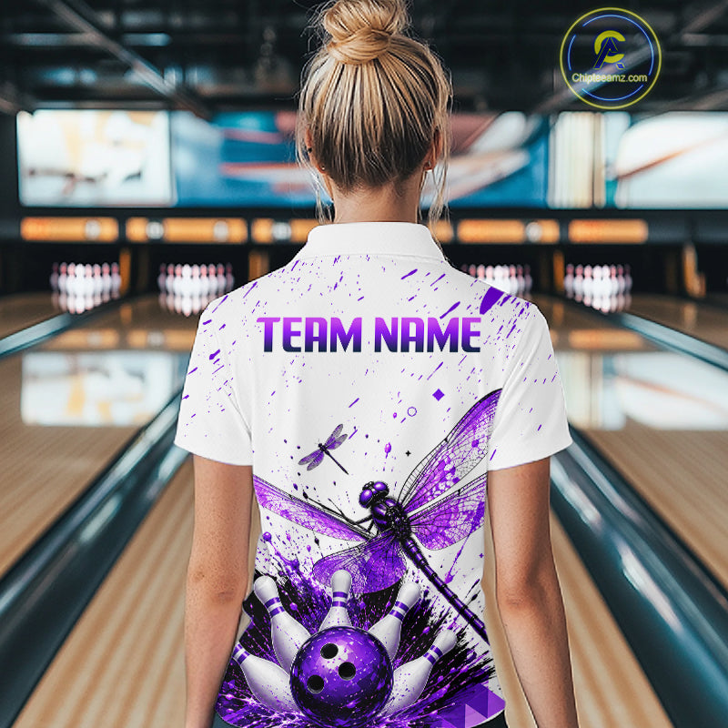 Custom Purple and White Dragonfly Bowling Shirt for Women Bowling Team Jersey Bowling Outfit QZT1209