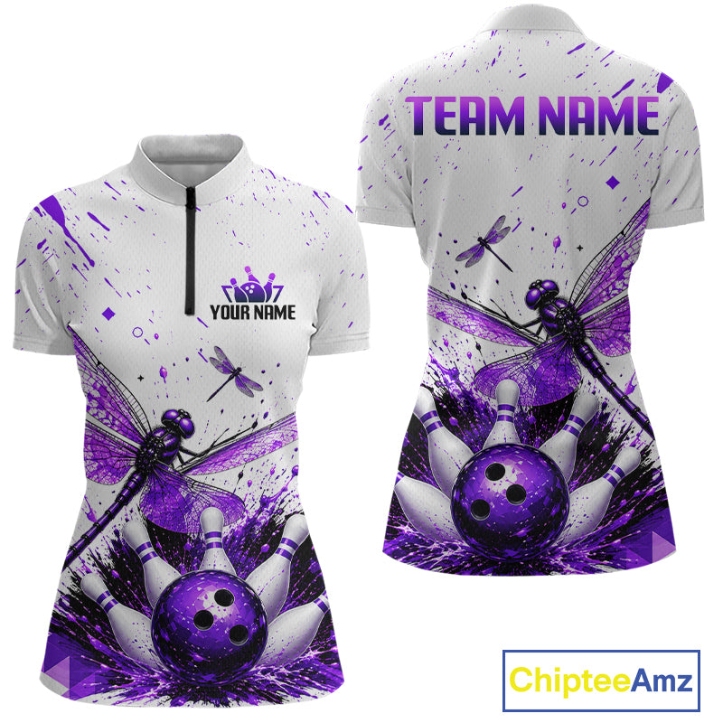 Custom Purple and White Dragonfly Bowling Shirt for Women Bowling Team Jersey Bowling Outfit QZT1209