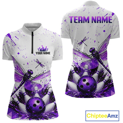 Custom Purple and White Dragonfly Bowling Shirt for Women Bowling Team Jersey Bowling Outfit QZT1209