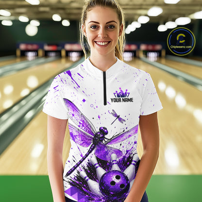 Custom Purple and White Dragonfly Bowling Shirt for Women Bowling Team Jersey Bowling Outfit QZT1209