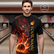 Load image into Gallery viewer, Man wearing a black bowling shirt with a dragon design in a bowling alley.