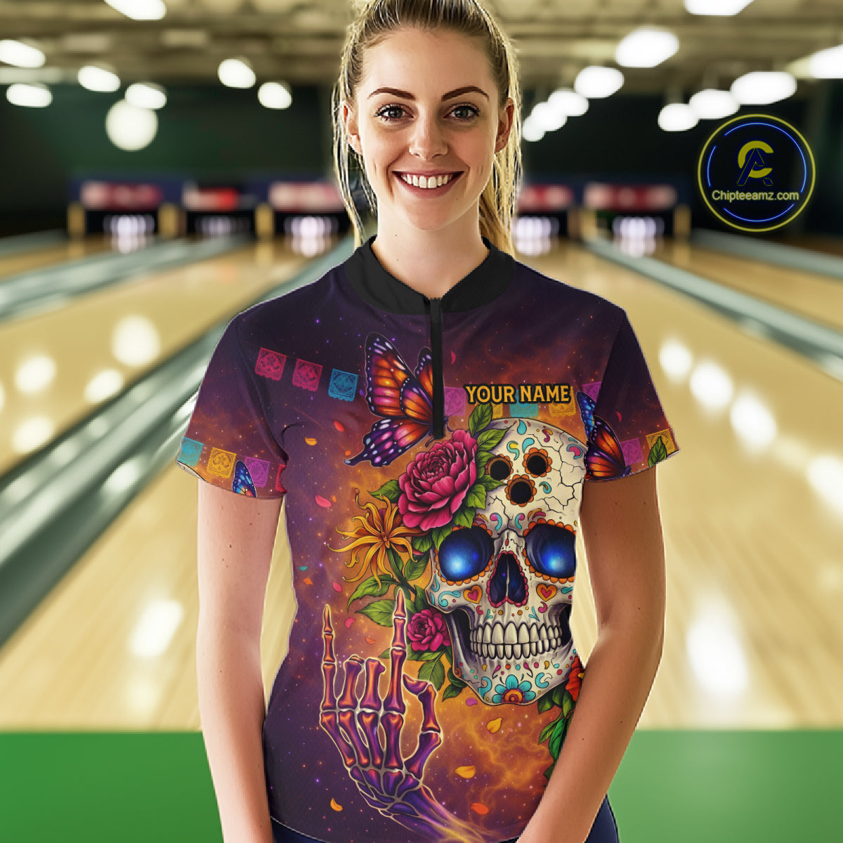 Custom Funny Sugar Skull Bowling Shirt for Women Bowling Team Jersey Polo & Quarter-Zip Bowling Outfit  QZT909