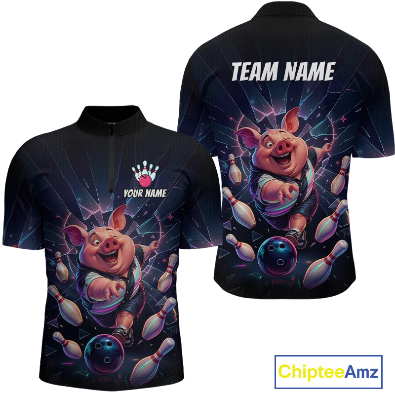Custom Funny Pig Bowling Shirt for Men Neon Shattered Glass Bowling Team Jersey QZT1210