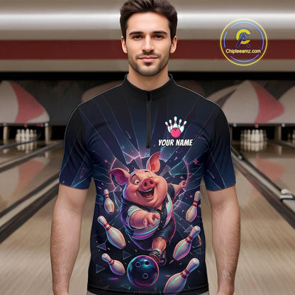 Custom Funny Pig Bowling Shirt for Men Neon Shattered Glass Bowling Team Jersey QZT1210
