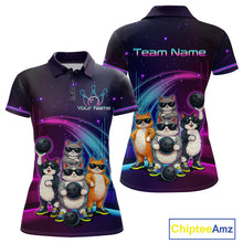 Load image into Gallery viewer, Polo shirt with cartoon cats and bowling balls design on a dark background, featuring 'Chiptee Amz' branding.