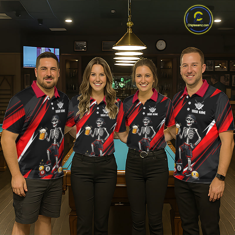 Four people wearing matching bowling shirts with skeleton and beer graphics in a bowling alley.