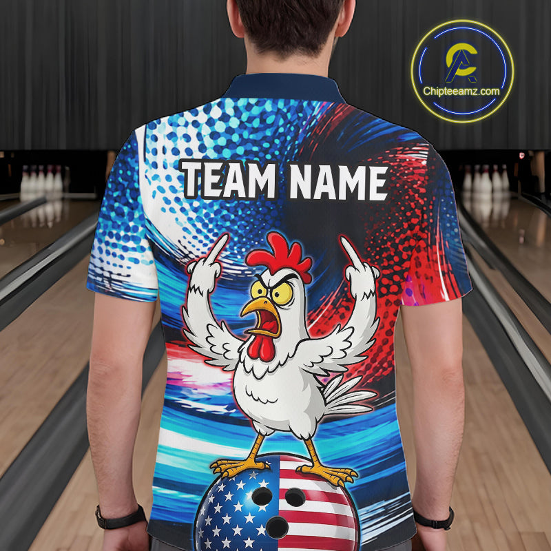 Custom American Flag Chicken Bowling Shirt for Men Patriotic Bowling Jersey Polo & Quarter-Zip QZT1031