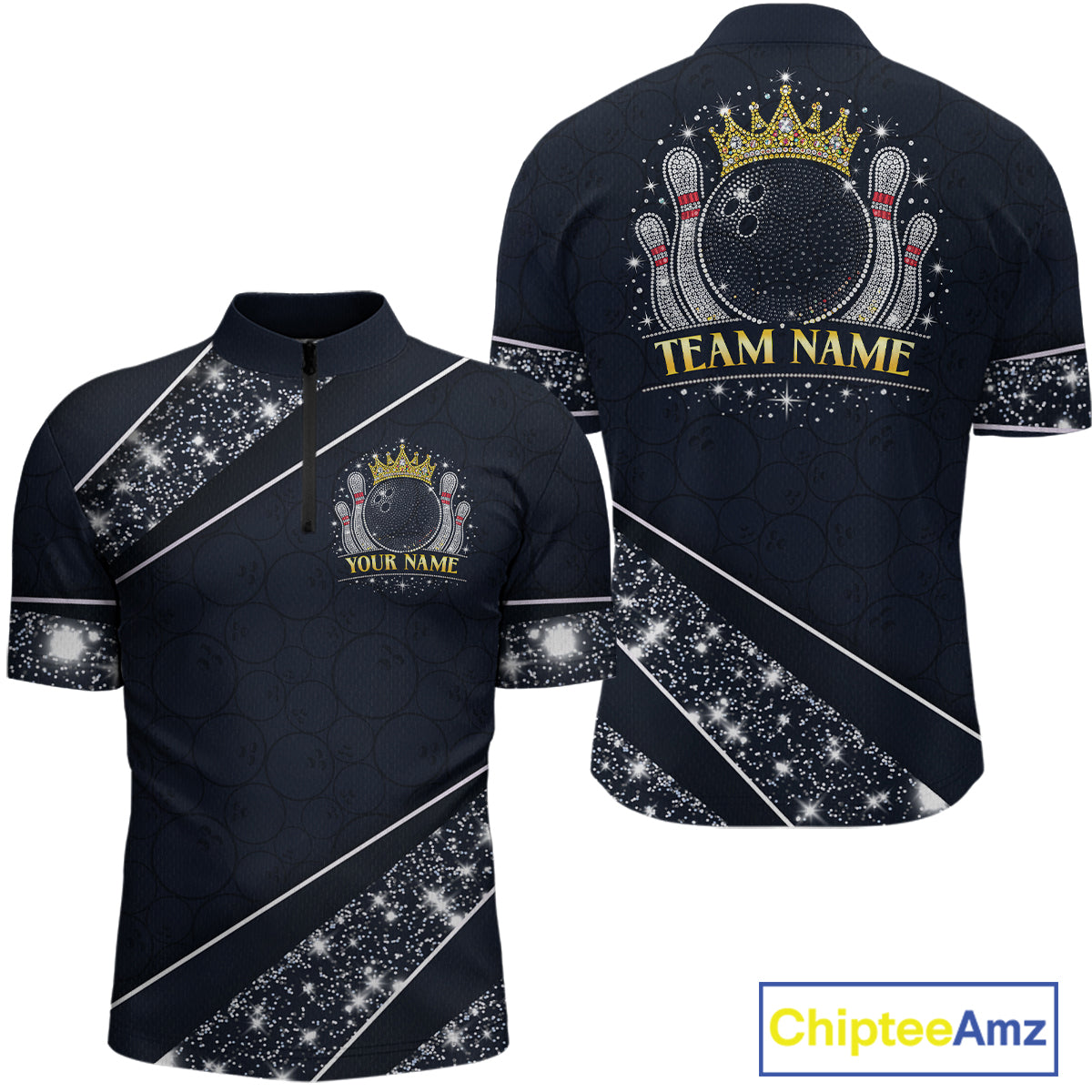 Custom Navy Bowling Shirts with Rhinestones for Men King Bowling Polo & Quarter-Zip Bowling Outfit QZT922
