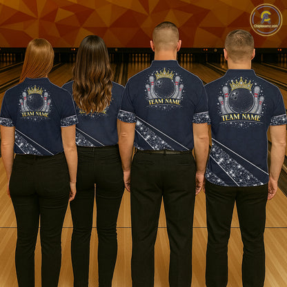 Custom Navy Bowling Shirts with Rhinestones for Women King Bowling Polo & Quarter-Zip Bowling Outfit QZT922